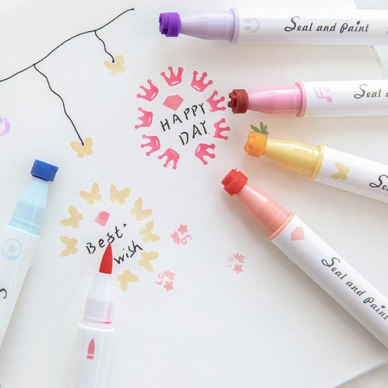 6pcs Color Stamp Pen Set Seal Paint Dual-side Brush & Highlighter Liner Art Marker for Drawing