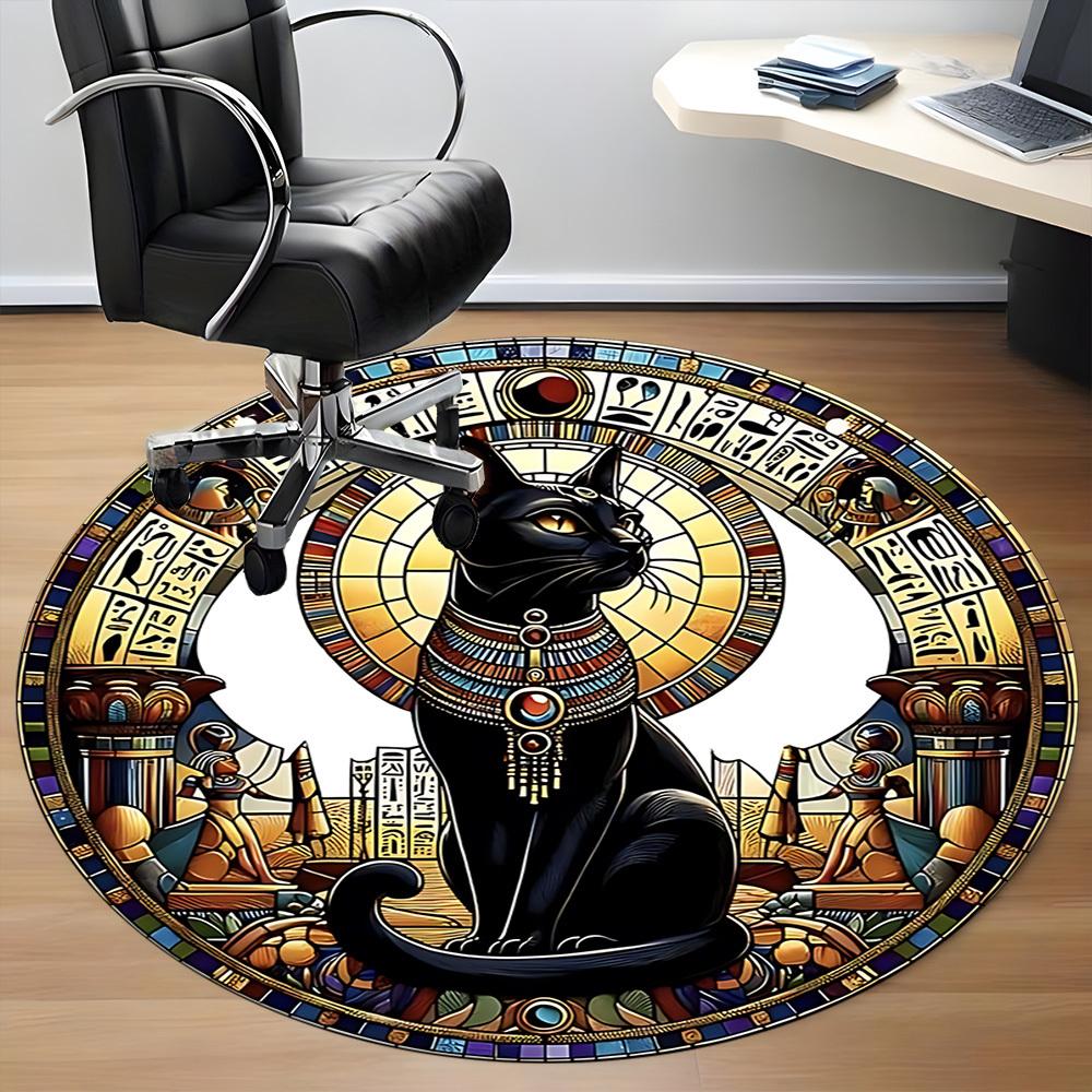 1PC Egyptian Cat Office Round Rug, Non slip, Soft and Durable Office Rug for Interior Decoration, Perfect for Office