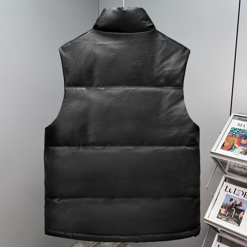 Fashion Winter Men's Sleeveless Jackets Plus Size Thick Waterproof Black Faux Leather Outerwears Man Warm Vest