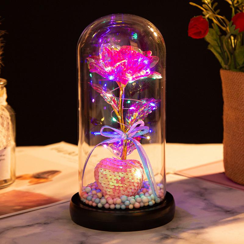 Love glass cover gold leaf flower ornament, Christmas and Valentine's Day creative gift, luminous simulated rose bouquet