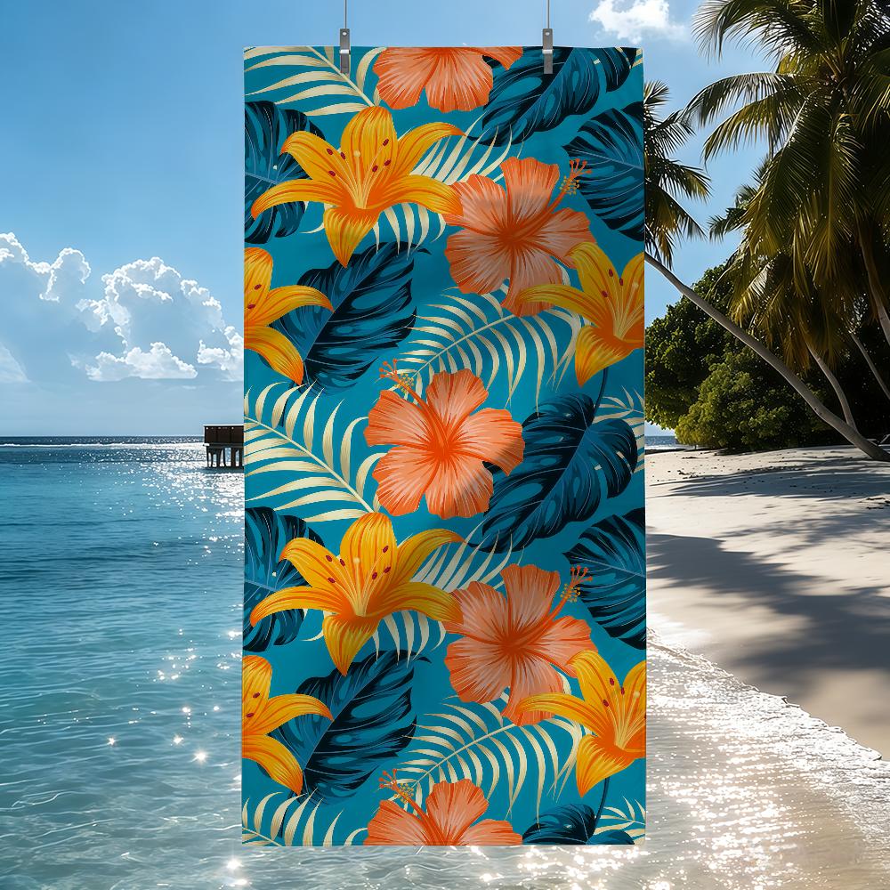 

Tropical Hibiscus & Palm Print Design Towel Quick Drying Beach Towels Are Suitable For Swimming Pools Camping Yoga And The Gym W30*H60(CM)