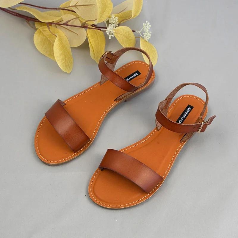 

Fashion Women Flat Sandals 2025 Buckle Woman Summer Shoes Retro Solid Round Toe Comfort Casual Beach Footwear Red Yellow Large Size 37 коричневый