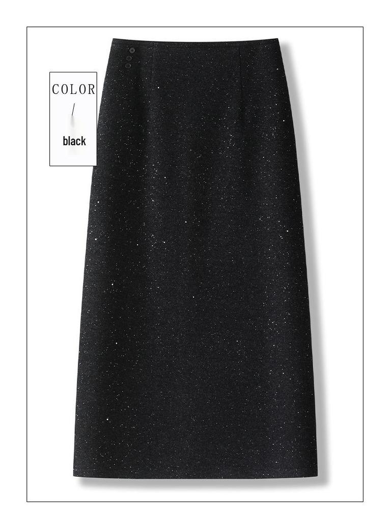 Minigonna Nera con Paillettes da Donna 2025 - Flanella di Lana Slimming High-End a Portafoglio Bodycon per Autunno/Inverno