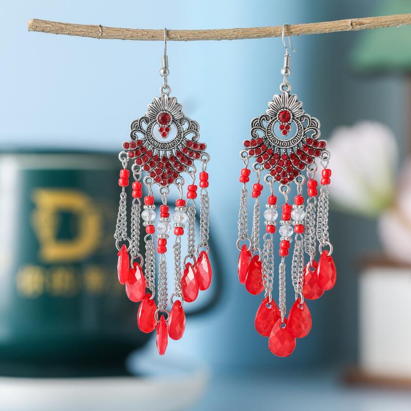 Bohemian Water Drop Rhinestone Earrings with Multi-Layer Beads - Retro Fan-Shaped Dangle Design