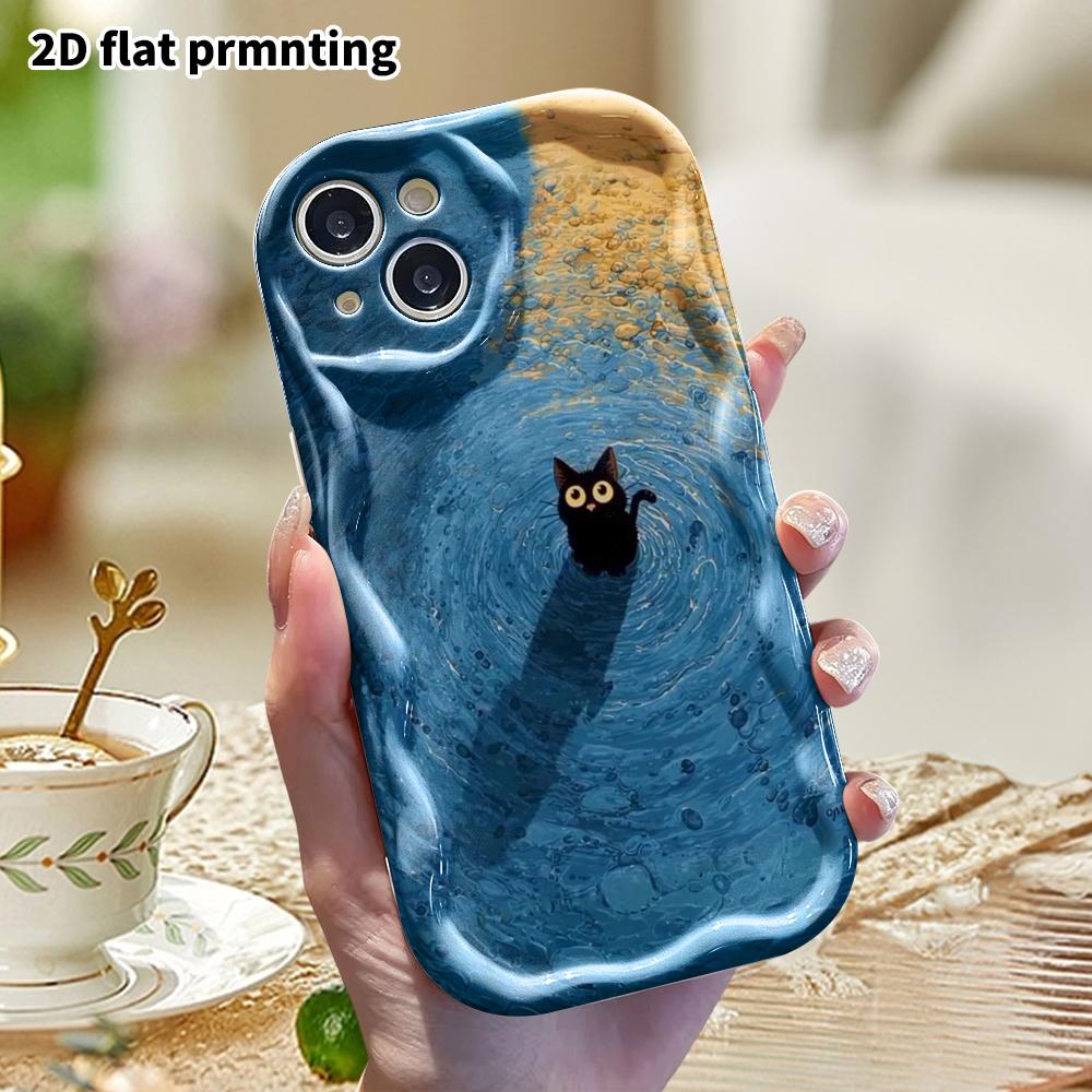 Phone Case: 2D Flat Design, Fits iPhone 12 To 18 Pro, Phone Decoration, Little Black Cat In Shallow Water, Halloween and Christmas Gift