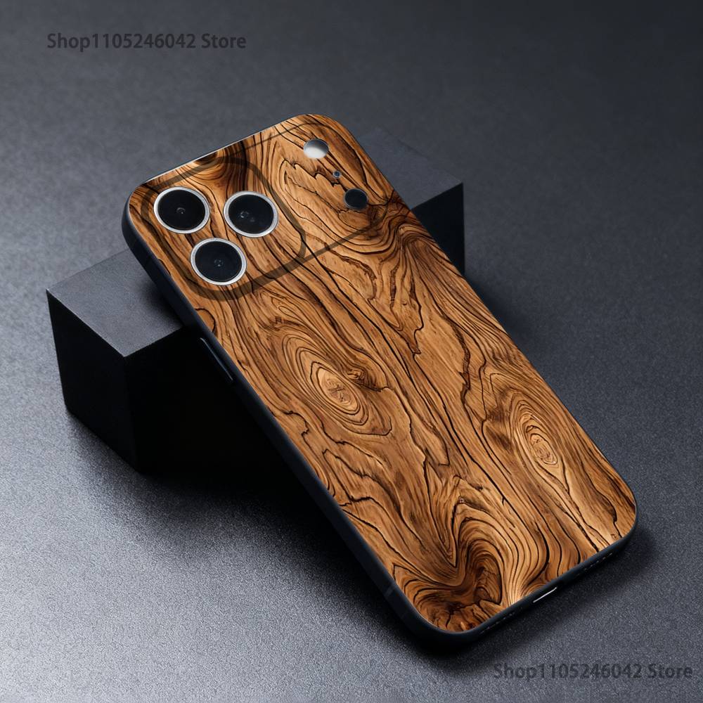 Natural Wood Phone Case For iPhone 17,16,15,14,13,12,11,Pro,XS,Max,XR,Plus,E,SE4,Mini Black Soft Cover