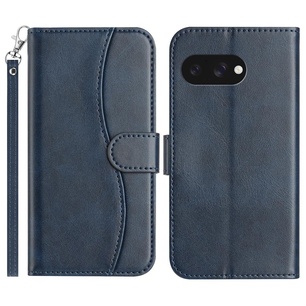 

For Google Pixel 8a Stand Case with Strap PU Leather Wallet Phone Cover S Shape Stitching Design Navy Blue