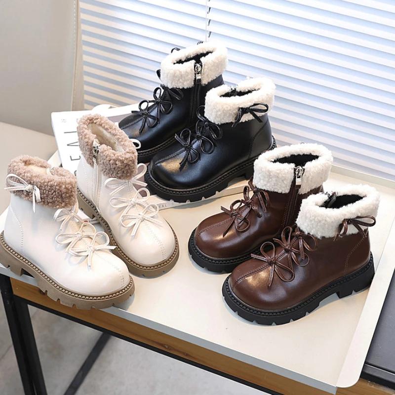 Girl Winter Boots Sweet Chic Children Platform Ankle Boots Elegant Bowknot Versatile Kids Fashion Cotton Boots New Solid Color