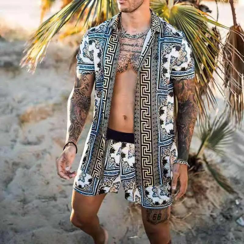 Summer Men's Fashion Leopard Print Short Sleeve Shirt And Shorts Set Beach Style T Shirt Breathable Shorts Two Piece Set