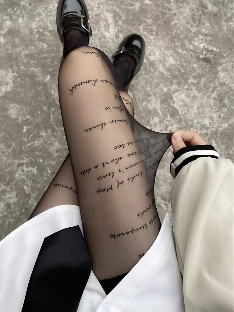 1 Piece Letter Print Black Sheer Pantyhose, Spring Autumn Thin Version For Women, Valentine'S Day Exclusive