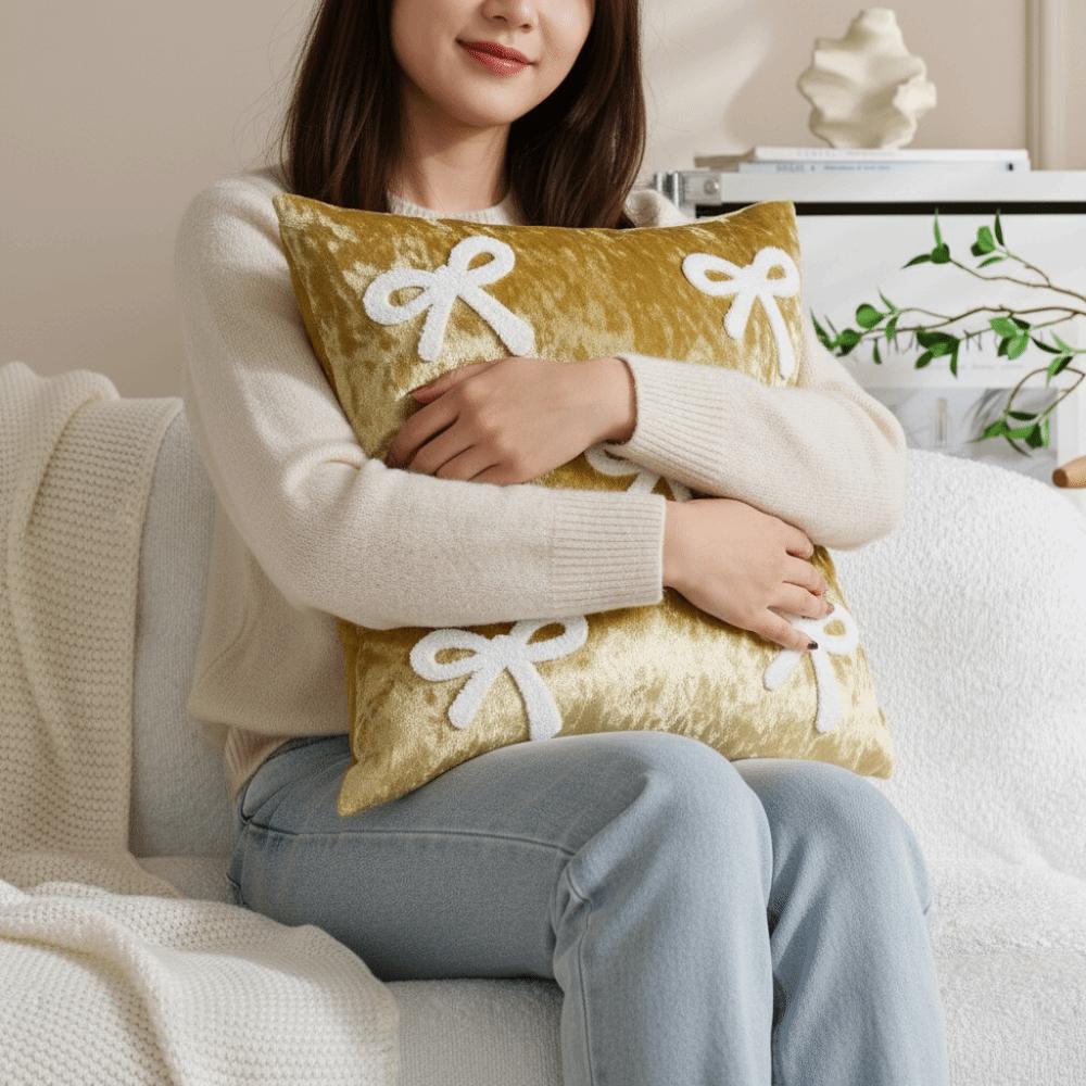 Cute Velvet Sofa Pillow Cover Luxury Decorative Cushion Cover Soft with Bow Embroidery Throw Pillowcover Bedroom