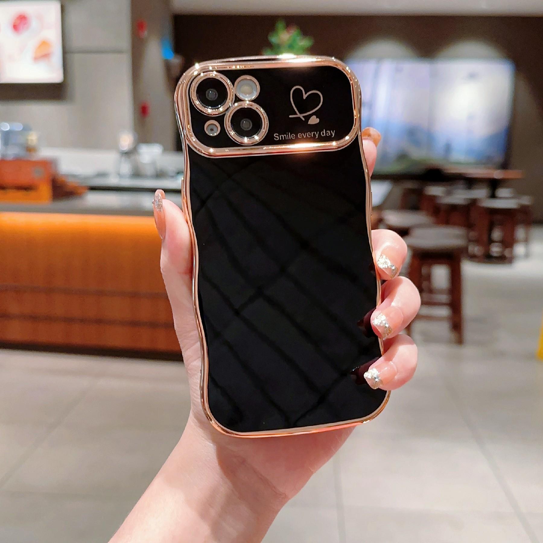 

For iPhone 14 Case Wave Frame with Love Heart Raised Camera Protection TPU Cover Black