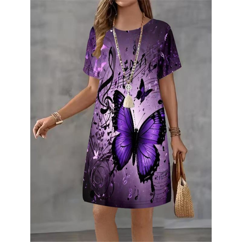 Women Dress Butterfly Pattern Printing Design Sense Pattern Summer Elegant Women A-Line Dress Casual Short Sleeve Mini Dress