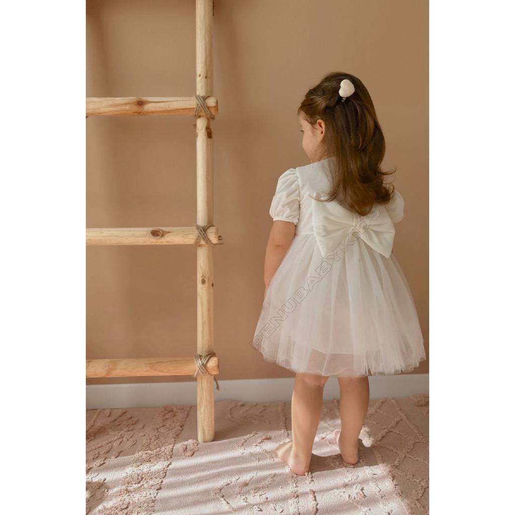 Rosa kurze Ballon-Stoffärmel, detailliertes Tutu-Tutu-Kleid für Babymädchen