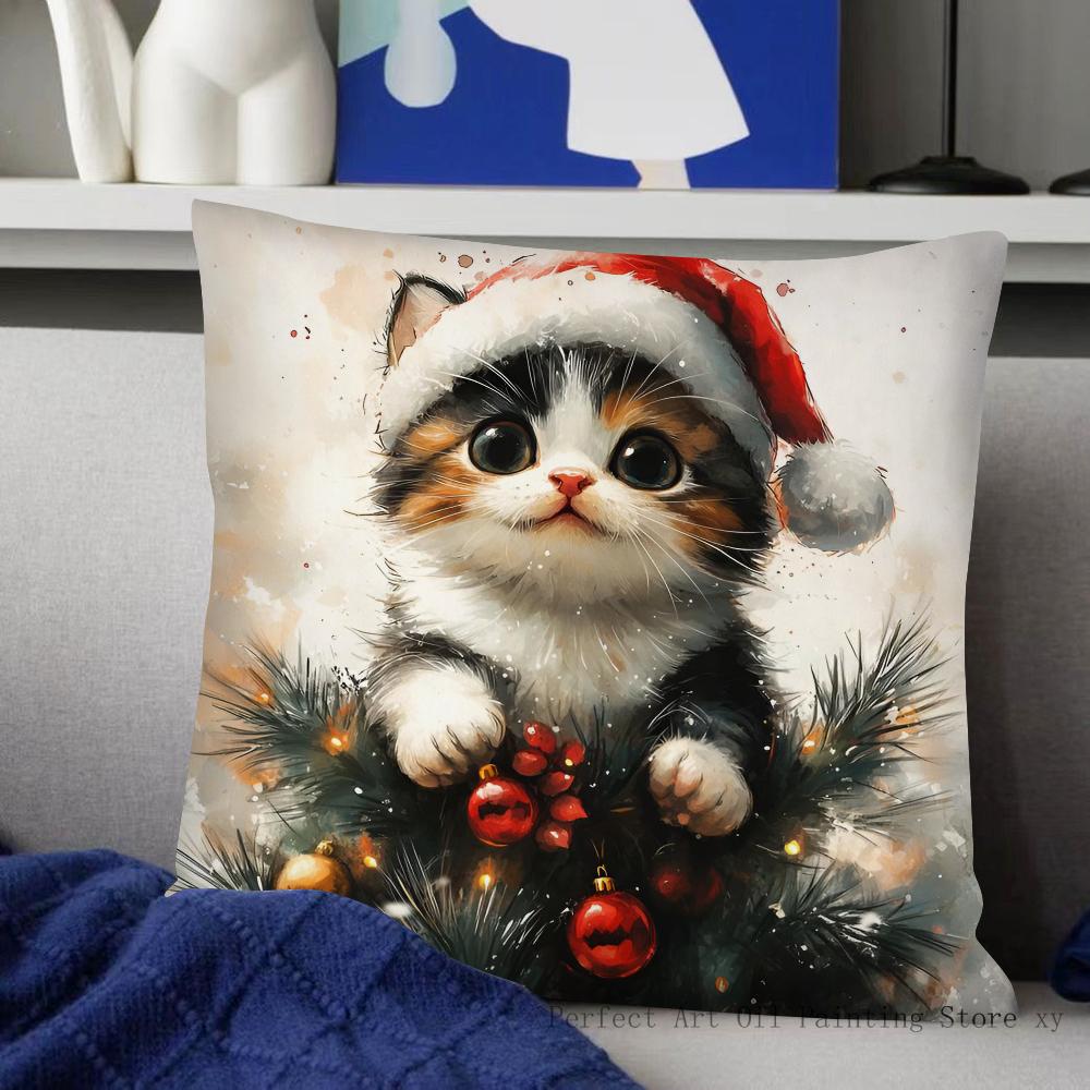 Weihnachts Katze Kissenbezug Mode Quadratischer Kissenbezug Schlafzimmer Sofa Zimmer Innendekoration Freizeit Kissenbezug 40x40