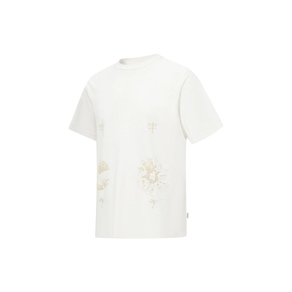 Li Ning Floral Print Loose Round Neck Short Sleeve T-Shirt Unisex Tops Off-White AHST117-1