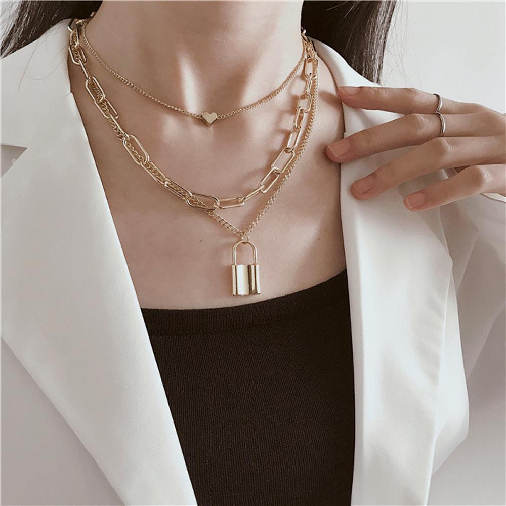 

Party Gift Lover Choker Necklace Padlock Heart Pendant Multi Layer Necklace Lock Pendant Neck Chain