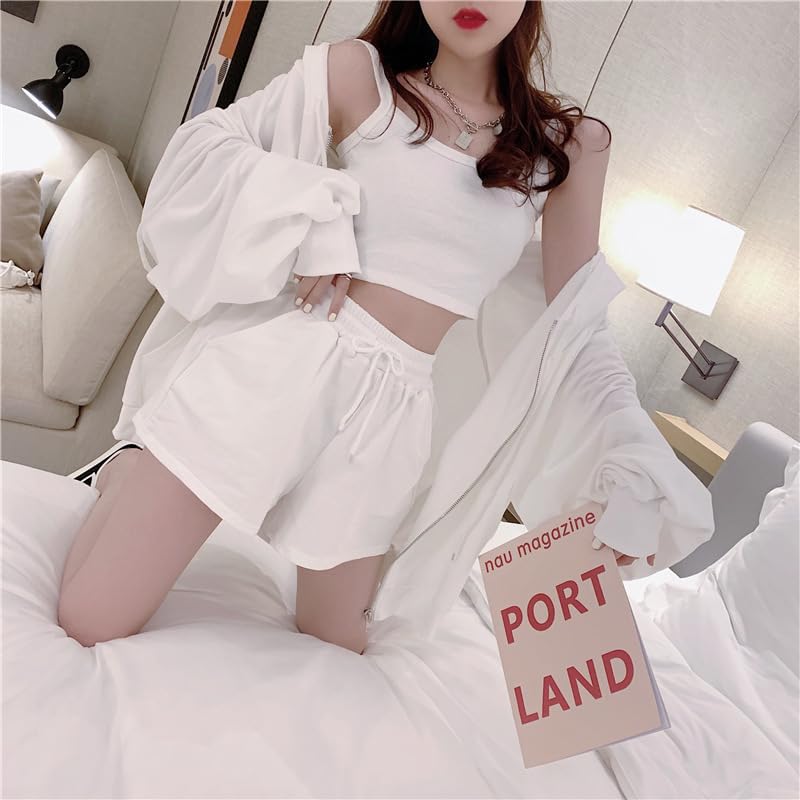 Set de îmbrăcăminte de casă coreeană Set top și pantaloni Hanorac Cămașă cu bretele Pantaloni scurți Trening Primăvară Vară Îmbrăcăminte sport Îmbrăcăminte de relaxare Drăguț Confortabil [NOLCCTN] 3 piese Femei