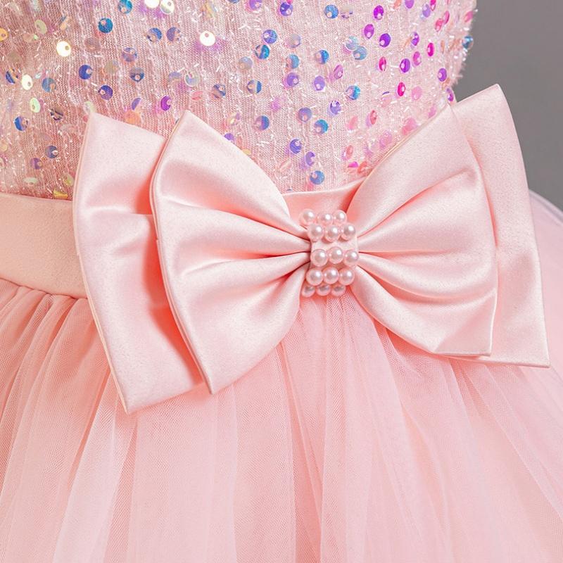 Girls Beaded Bow Tie Sequin Mesh Children's Sleeveless Evening Dress School Graduation Party Multi Layered Dress