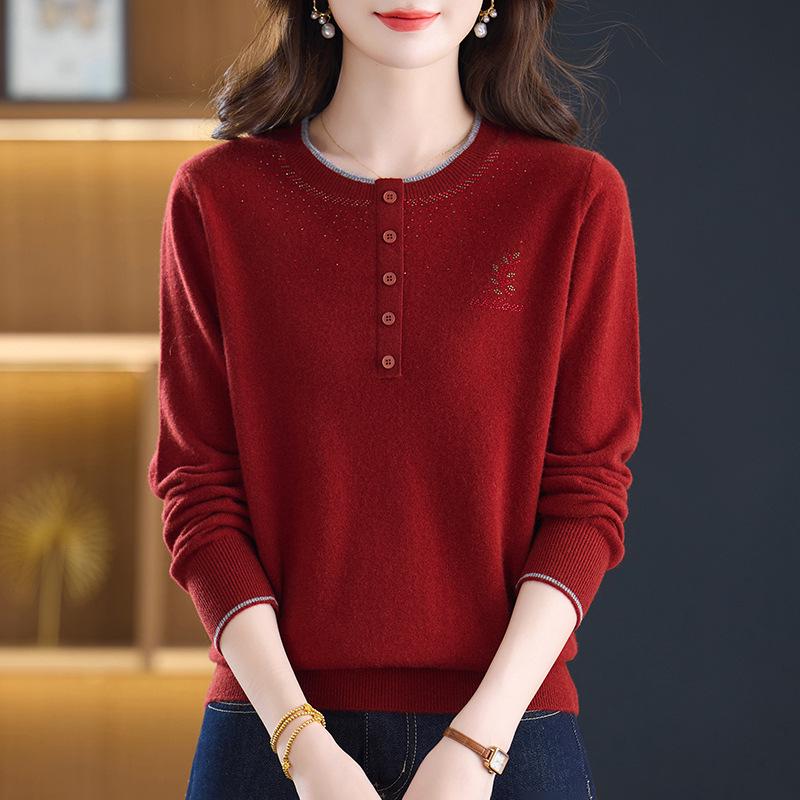 Stylish Women's Rhinestone Wool Round Neck Knit Sweater - Long Sleeve, Warm, Loose Fit for Autumn/Winter