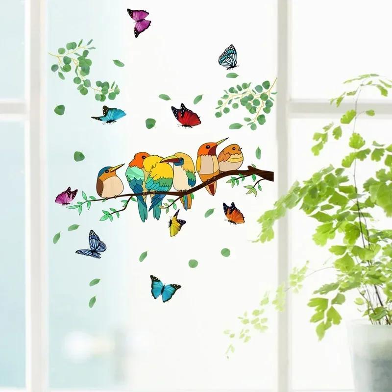 Home Wanddekoration doppelseitig Zweig bunt Vogel Schmetterling Wandaufkleber elektrostatische Glasfenster visuelle Wandaufkleber