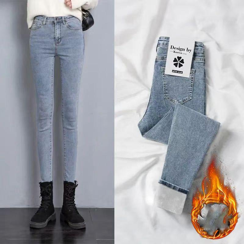Women Thermal Jeans Winter Snow Warm Plush Stretch Jeans Lady Skinny Thicken Denim Long Pants Retro Blue Pencil Trousers
