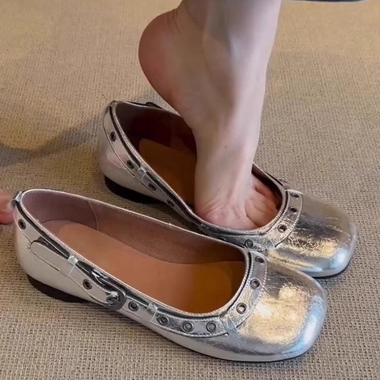 Soft leather version~ niche design belt buckle one pedal soft sole single shoes women's 2025 spring new square head grandma shoes