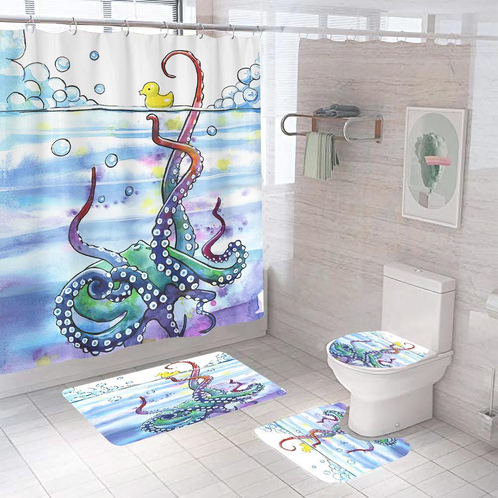 Bathroom Shower Curtain Four-piece Digital Printing Sand Underwater World Waterproof Shower Curtain Shower Curtain Partition Curtain Bath Mat