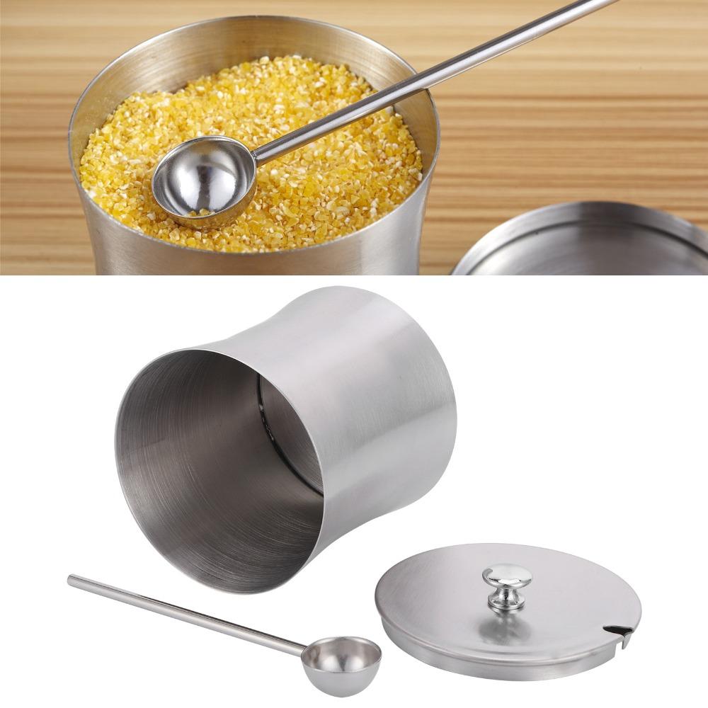 Stainless Steel Sugar Bowl with Lid and Spoon Salt Pot Condiment Can Condiment Pot Restaurant