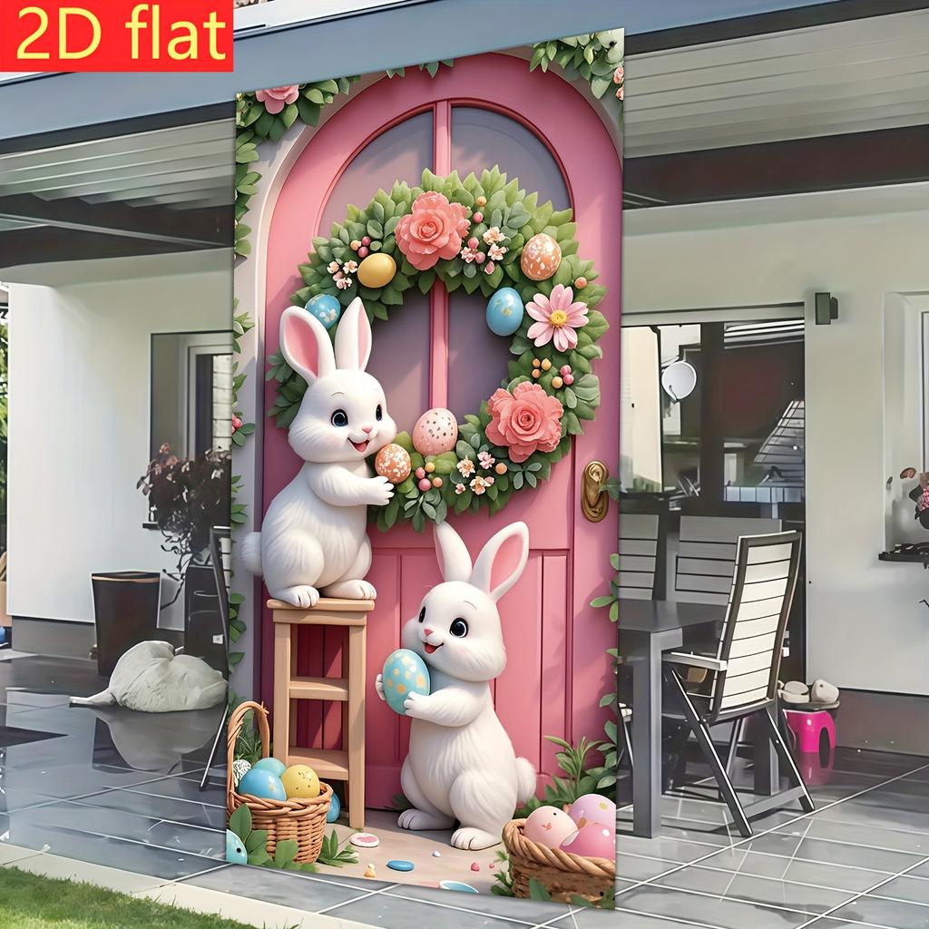 Happy Easter Door Cover Pink Bunny Easter Egg Wreath Design Hanging Banner for Indoor Outdoor Porch Decor Background Gift