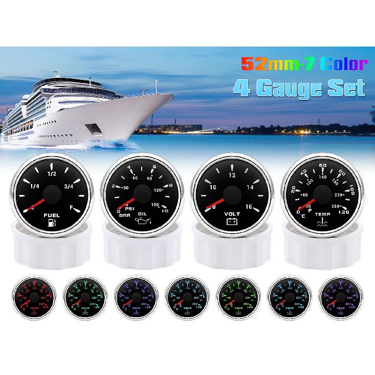12V24V Universal 52MM 4 Gauge Kit with 2 Sensor Water Temperature + Oil Pressure + Fuel Level + Voltmeter For All Vehicle Marine