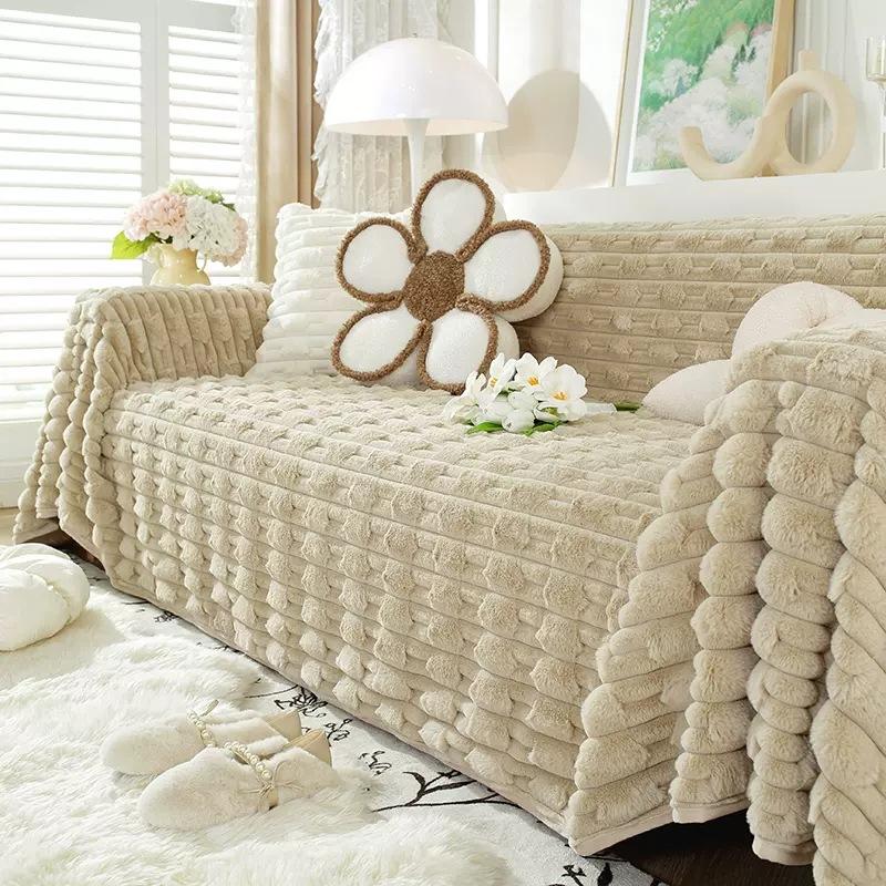 Rabbit Pile Sofa Cover Cloth Winter New Solid Color Thickened Plush Non-slip Leather Sofa Cushion Cover Scarf Full Blanket