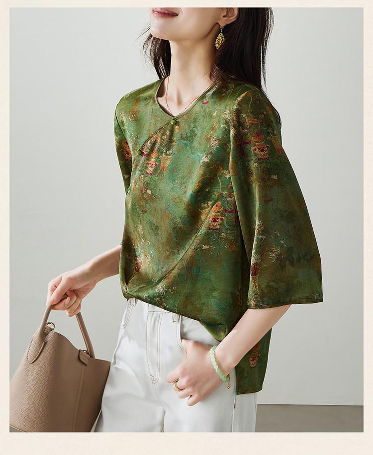 New Chinese style printed seven quarter sleeved shirt for women, 2026 spring temperament, versatile commuting loose top