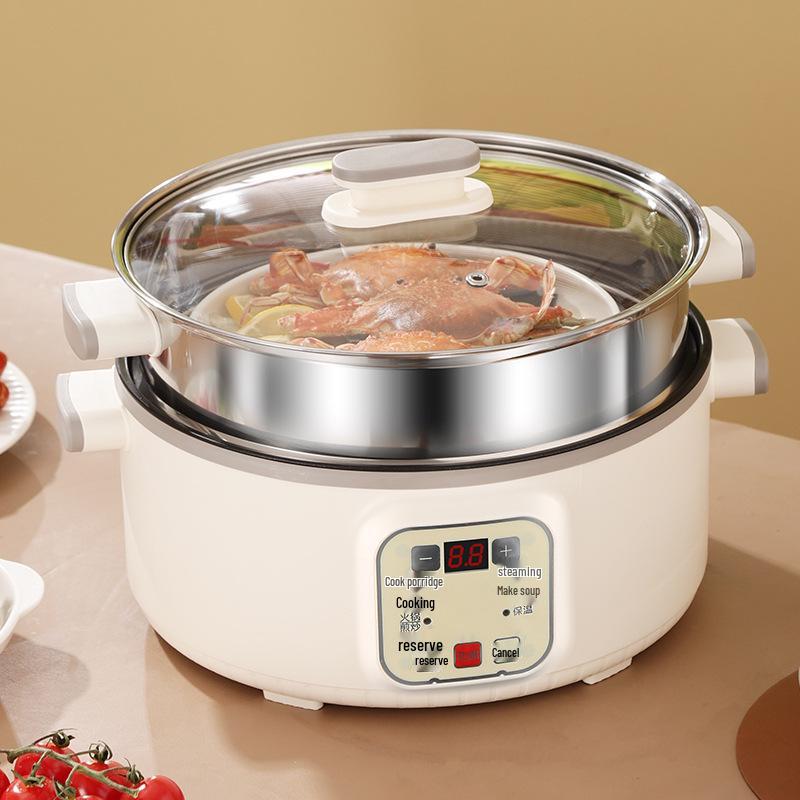 Multi-Function Electric Hot Pot with Timer - Three-Layer Steamer & Cooker, Large Capacity, Automatic Power-Off.