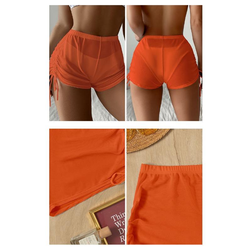 Women S Solid Color Sheer Mesh Drawstring Beach Bikini Shorts