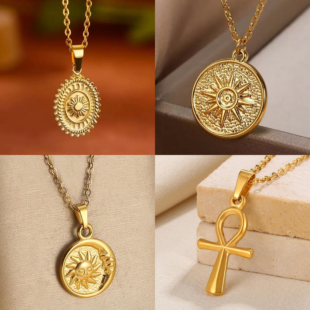 2025 Sun Moon Coin Pendant Necklace For Women Cute Fashion Gold Color Stainless Steel Round Necklace Sweet Jewelry Her Gifts