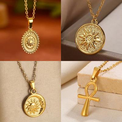 2025 Sun Moon Coin Pendant Necklace For Women Cute Fashion Gold Color Stainless Steel Round Necklace Sweet Jewelry Her Gifts