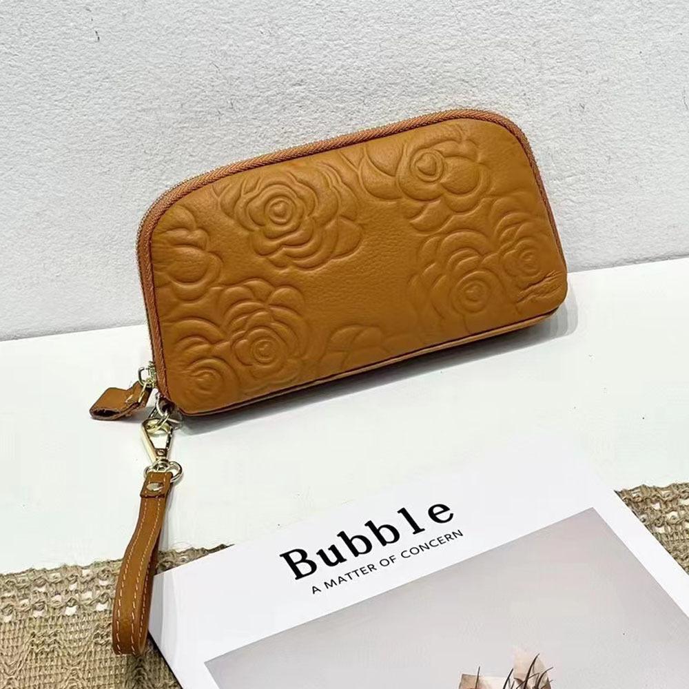 Borsa Portaoggetti Interamente in Pelle, Borsa con Cerniera, Porta Carte, Pelle Bovina Goffrata Retro Fiore Rosa, Borsa per Cellulare, Portamonete.