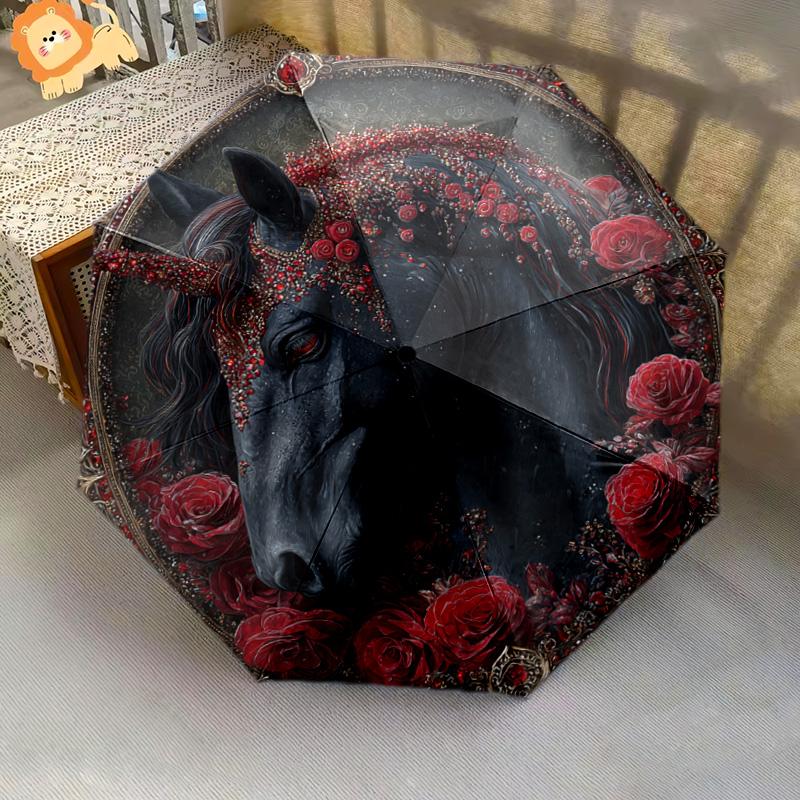 1 PC Automatic Folding Umbrella - Black Horse Pattern, Portable & Foldable Design with 8 Ribs, Christmas Birthday Gifts