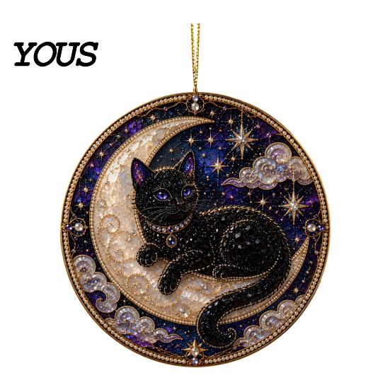 Symbolic Love Keepsake Black Cat Pearl Diamond Art Painting Ornament, 2D Flat Acrylic Cute Piece Hanging Suncatcher, Beaded Pattern Window Wall