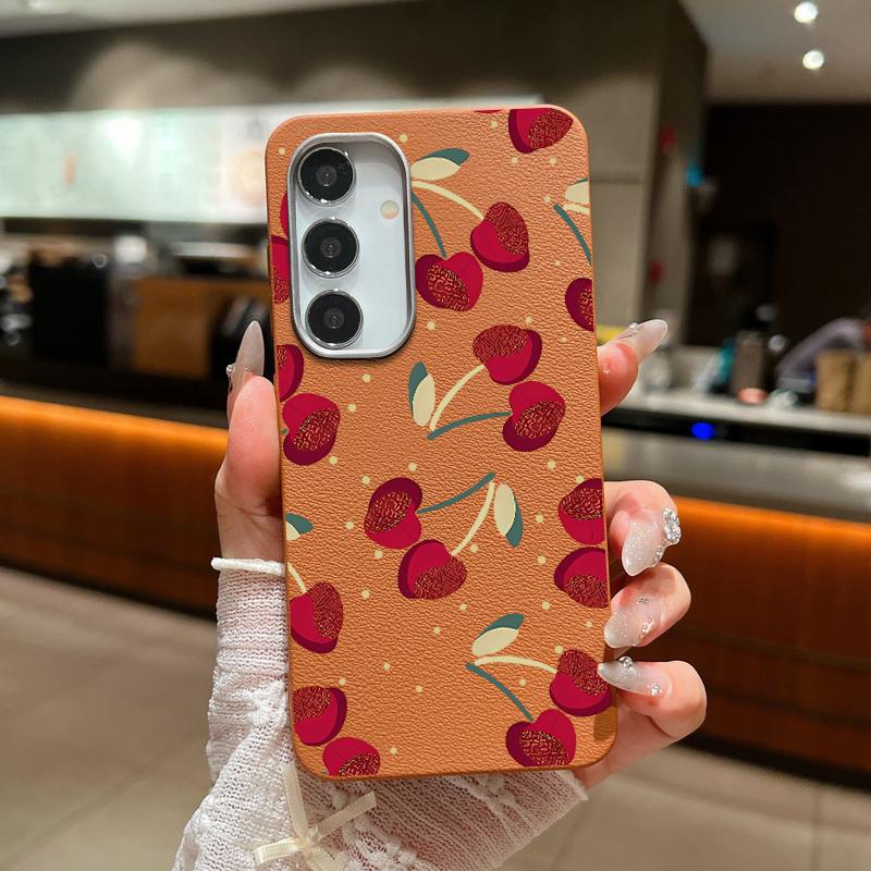 Cherry Pattern Soft Tpu Case for Samsung S25 S24 Fe S23 Ultra S22 S21 A16 A15 A55 A56 A35 A36 A25 Shockproof Slim Leather Texture Case Cover