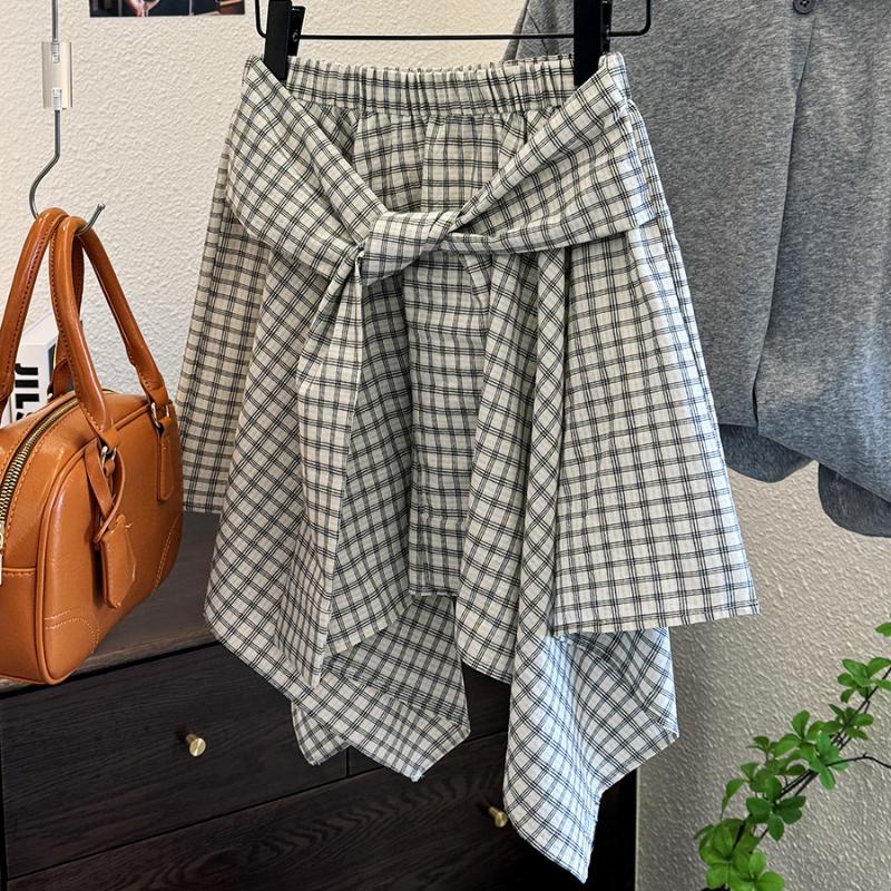 Korean Style Casual Sporty Versatile Tie Waist Plaid Skirt Summer Hot Girl Style Irregular Design Women's Skirt
