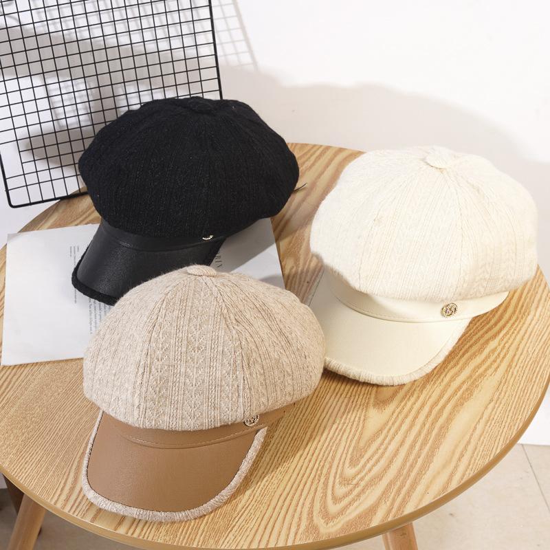 New Hat for Women In Spring  Autumn and Winter Leather Octagonal Hat Korean Version Beret Painter Hat Versatile Baseball Cap