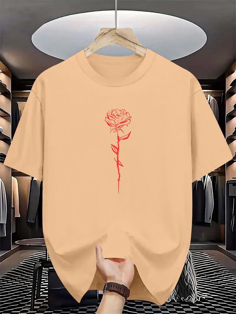 Unisex Summer White Short Sleeve T Shirt Minimal Red Line Art Rose Graphic Crew Neck Loose Casual Streetwear Daily Fashio Unisexs Tops
