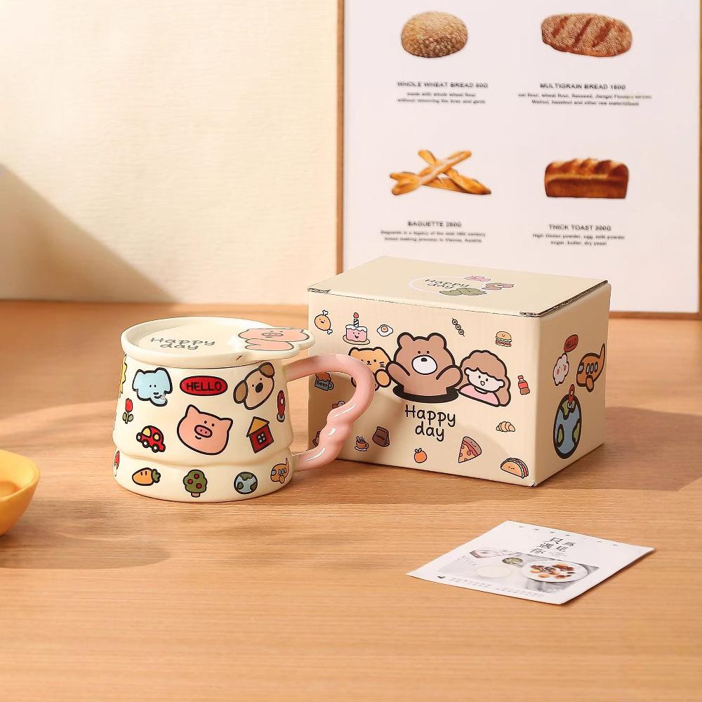 Cartoon Ceramic Cup with Lid Cute Personality Creative Mug Large Capacity High value Girl Couple Water Cup Gift