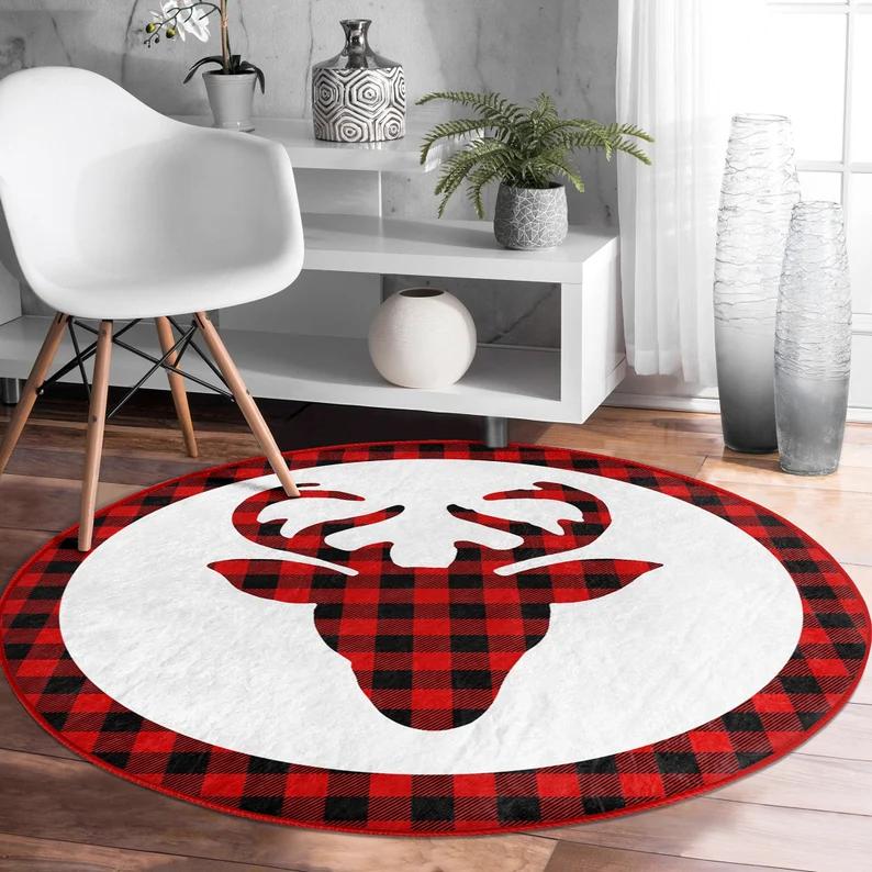 Christmas Village Round Rug Nordic Winter Round Reindeer Ornaments Round Rug Cozy Cabin Round Rug Festive Forest Holiday Decor