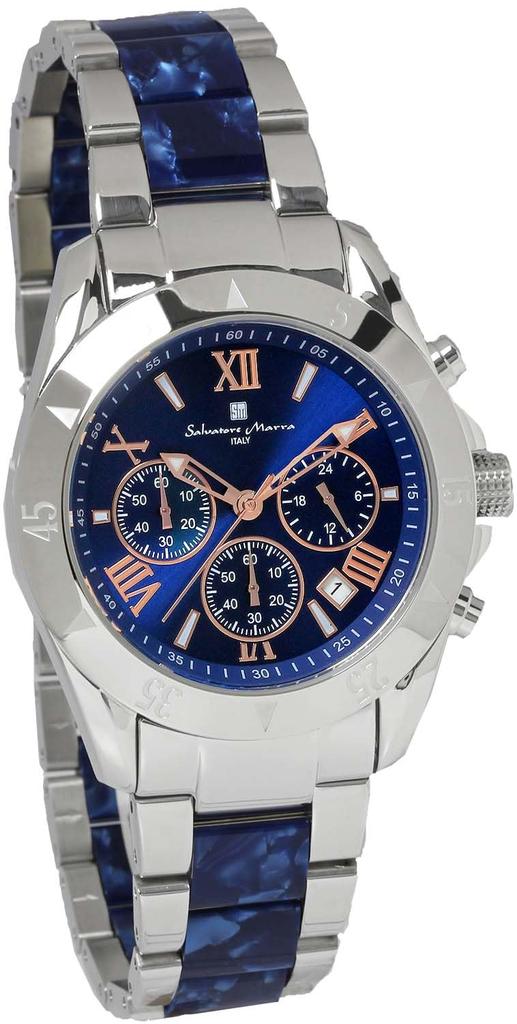 Salvatore Marra Chronograph Watch with Acetate and 20th Anniversary Limited Rose and Silver Men's Two-Tone Strap, Edition, SM23105-SSBLPG, Blue, Gold,