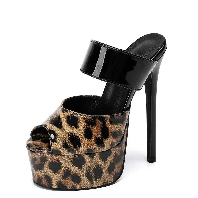 Fashion 2025 Sexy Open Toe Super High Heel Sandals 16cm Fashion Leopard Super High Heel Women Slippers Summer Pole Dancing Party Heels