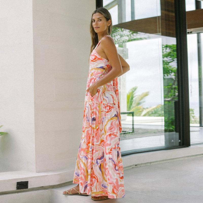 YYFS Women's Fashion Summer Spring Flower Pattern Print Sleeveless Suspenders High Waist Casual Dresses