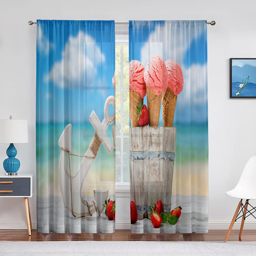 Ice Cream Summer Theme Chocolate and Fruity Flavor Tulle Window Curtains for Living Room Bedroom Decorative Sheer Voile Curtain